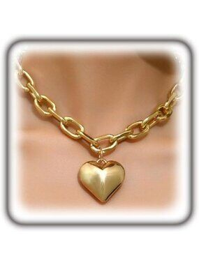 Women's Choker Golden Chunky Gold Heart Necklace Puffy Heart Statement Chain